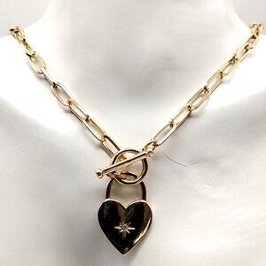 Gold-tone Heart-shaped Padlock Pendant Necklace Paperclip-style Links